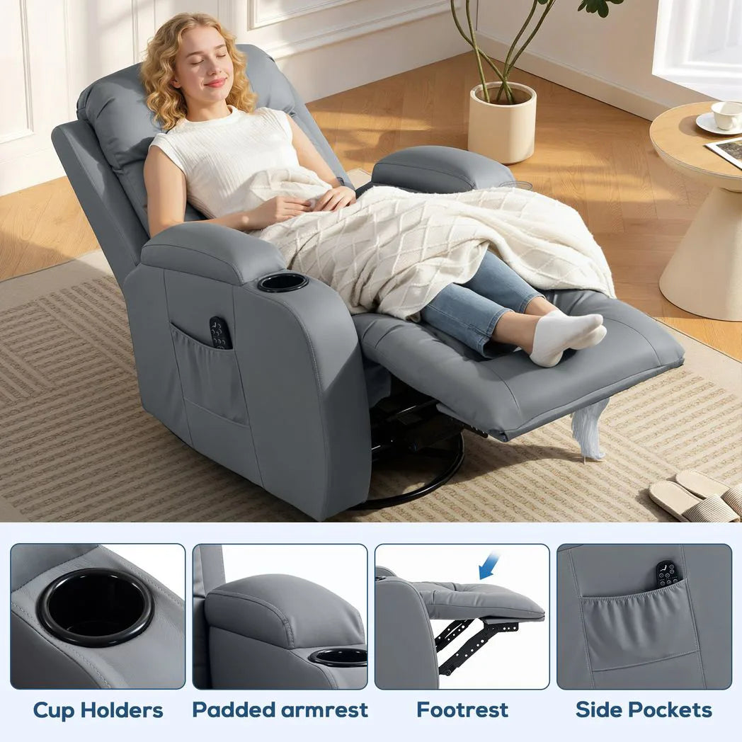 HOMCOM Massage Recliner Armchair with 8-Point Vibration, Lumbar Heat & Swivel Rocking Seat – PU Leather Recliner Chair, Grey
