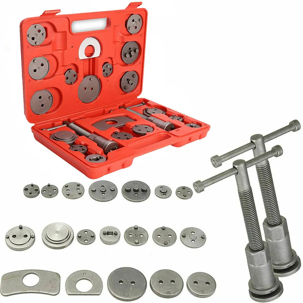 23 Piece Disc Brake Caliper Piston Rewind Tool Kit with Left & Right Spindles – Universal Car Brake Wind Back Set