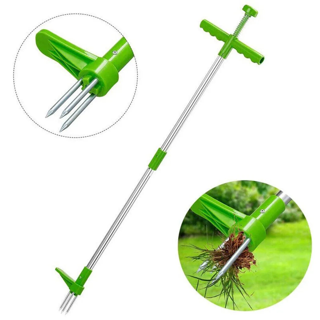 Standing Weed Puller Twister with Aluminium Handle – Garden Root Remover, No Bending, Silver & Green
