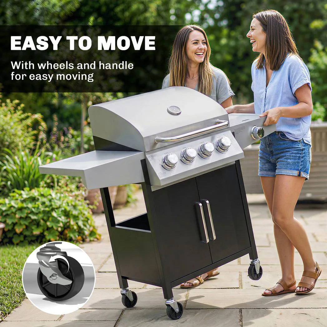 Outsunny 4 Burner Gas BBQ Grill with Side Burner, Lid & Built-in Thermometer – Portable Steel Propane Barbecue on Wheels