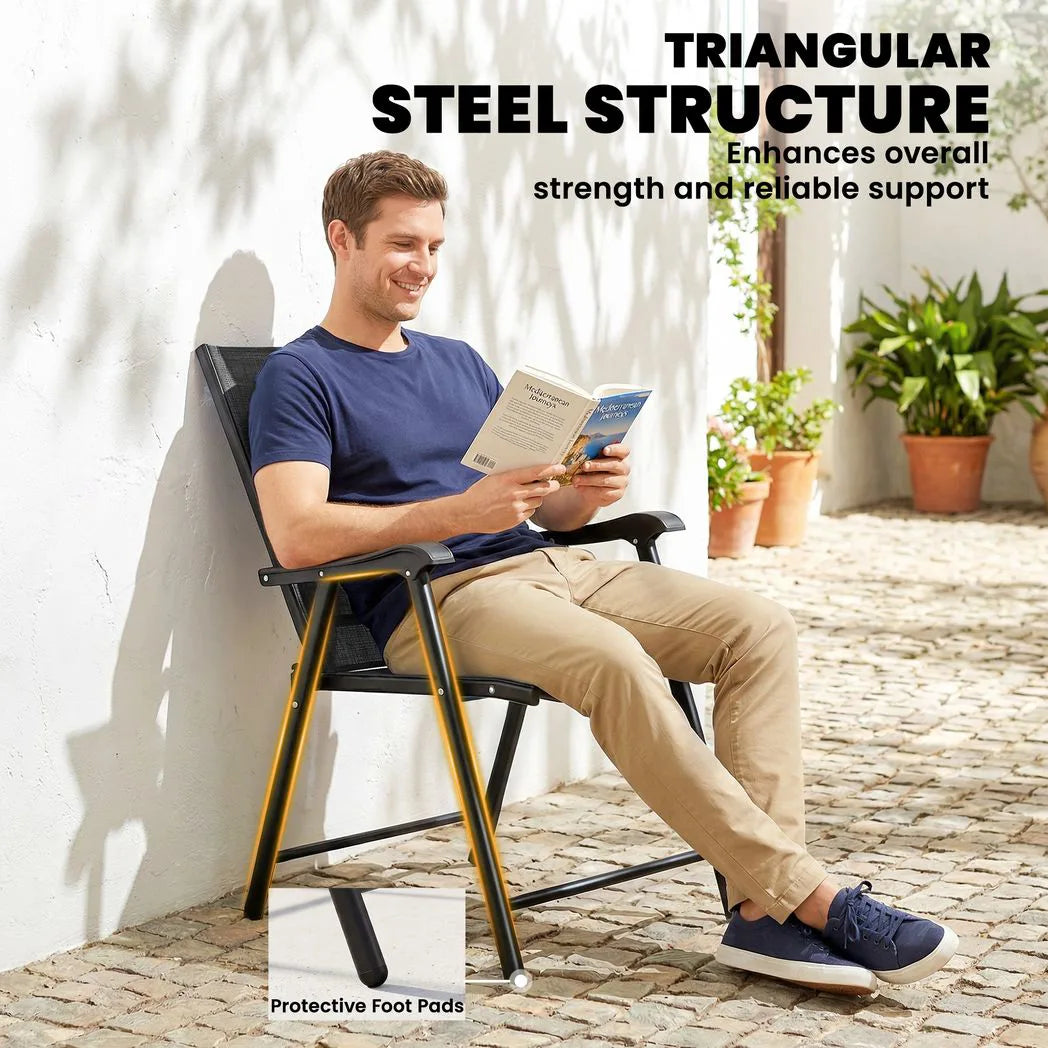 Outsunny Set of 4 Folding Garden Chairs with High Back, Armrests & Texteline Seat – Black