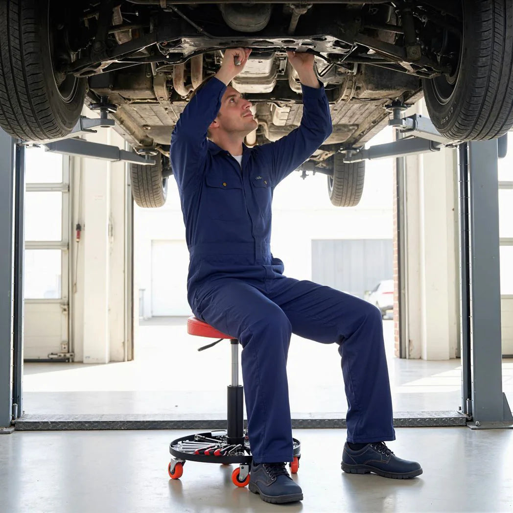 HOMCOM Rolling Mechanic Stool with Tool Tray and Wheels, Height Adjustable 38–48 cm – Workshop Seat, Orange