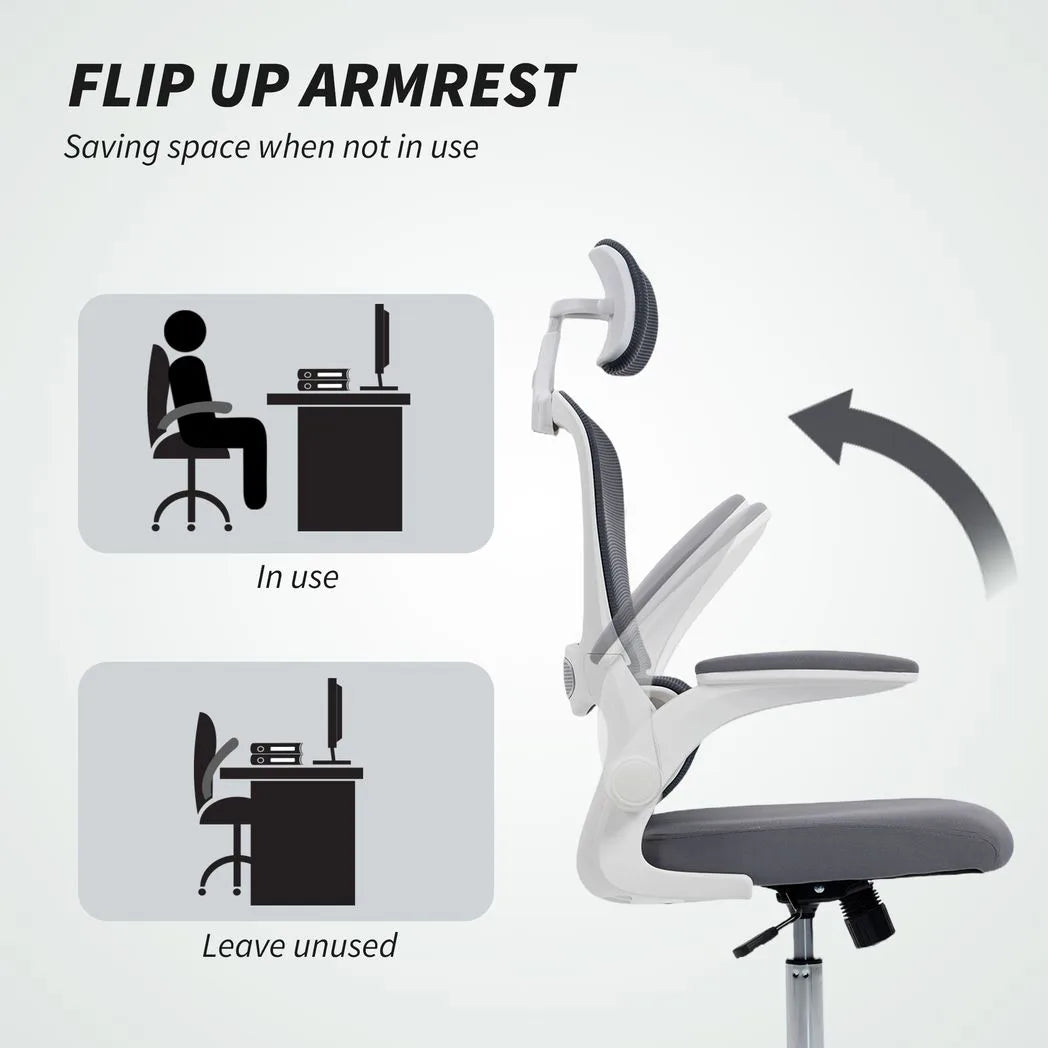HOMCOM Mesh Back Office Chair with Lumbar Support, Removable Headrest and Flip-Up Armrests – Charcoal Grey