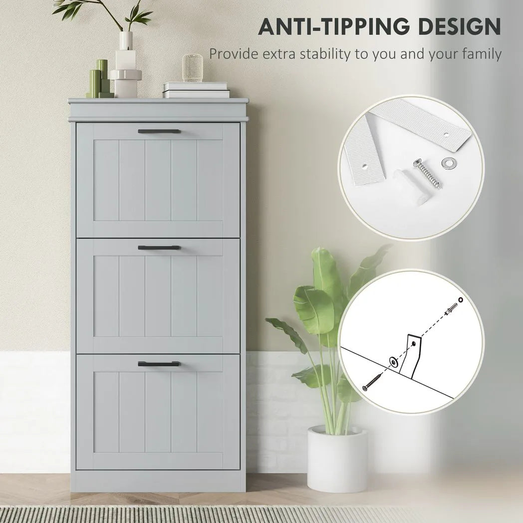 HOMCOM Slim Shoe Cabinet with 3 Flip Drawers, Holds 15 Pairs, 117.5 x 54 x 24 cm – Grey
