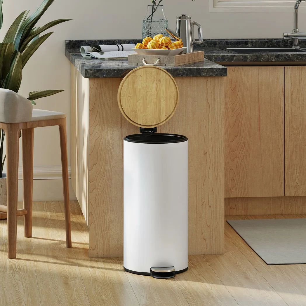 HOMCOM 30L Kitchen Pedal Bin with Removable Bucket and Soft-Close Lid – Fingerprint-Resistant, White and Natural