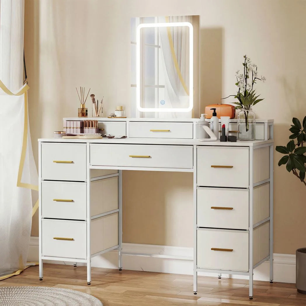 HOMCOM Dressing Table with LED Mirror and 10 Fabric Drawers – Makeup Vanity with Adjustable Lighting, White