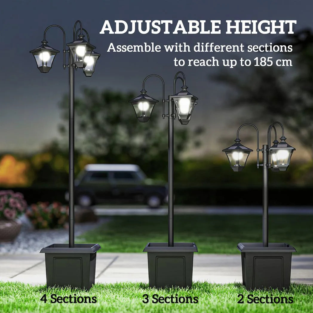 Outsunny Solar Lamp Post with 3 Heads, Dusk-to-Dawn Sensor & Planter Base – 185cm Garden Light, Black