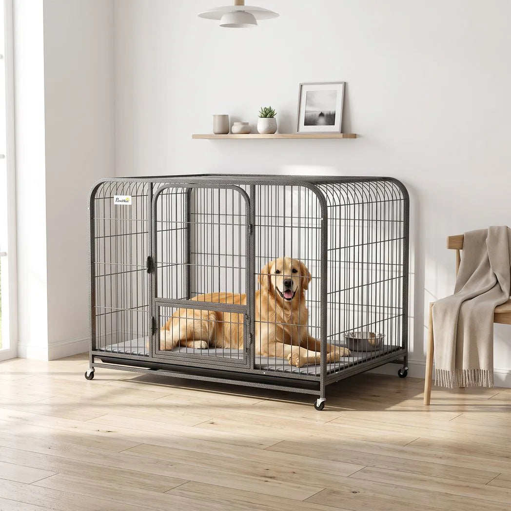 PawHut Heavy-Duty Dog Crate with Triple Doors, Removable Tray and Wheels – 116 x 77 x 88 cm, Small to Large Breeds