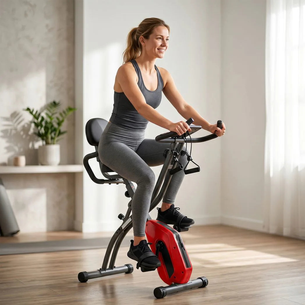 SPORTNOW 4-in-1 Folding Exercise Bike with Resistance Bands, 8-Level Magnetic Resistance & Bluetooth App, Red