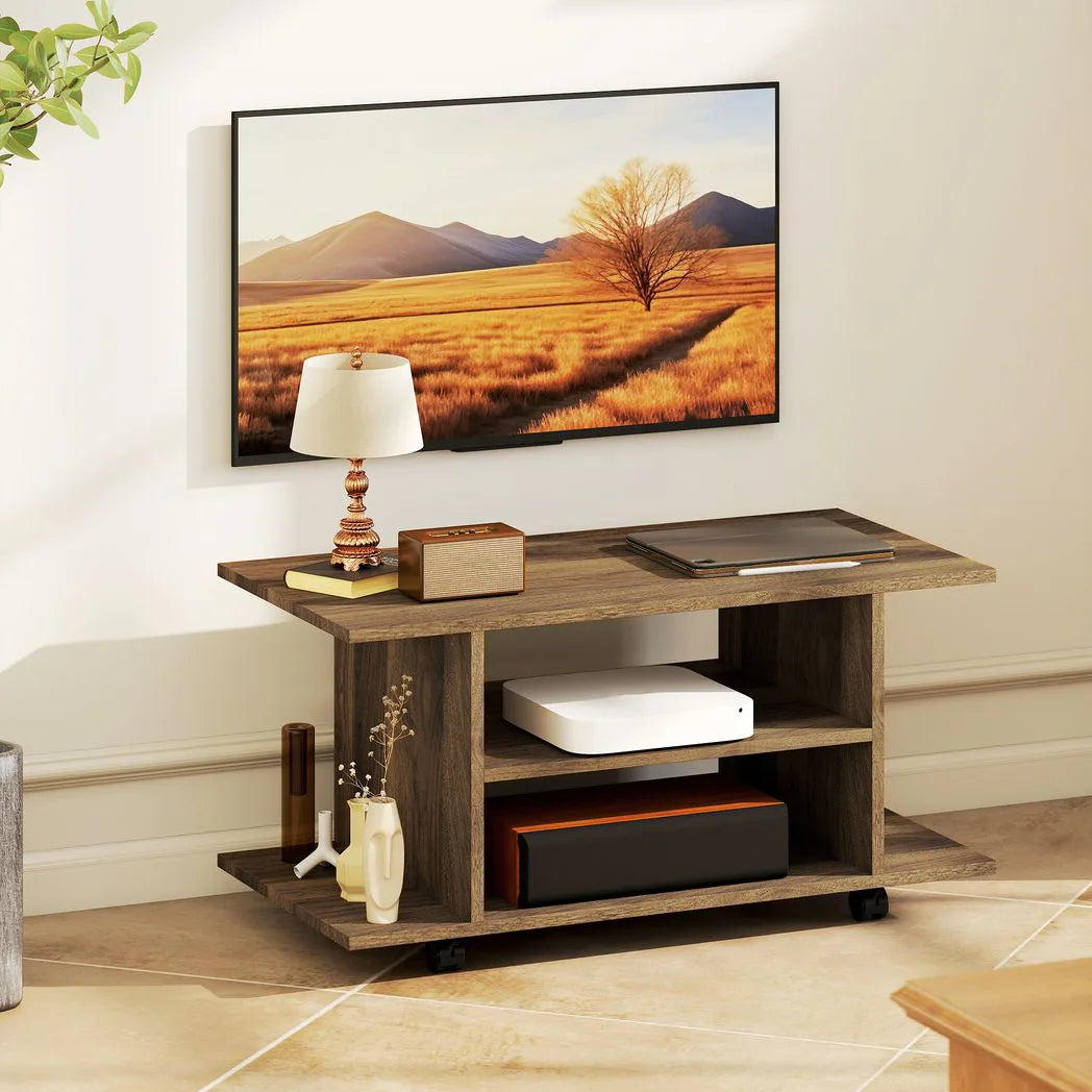 HOMCOM Modern Mobile TV Cabinet with Storage Shelves and 4 Casters, Bedroom Bookcase Unit – Walnut