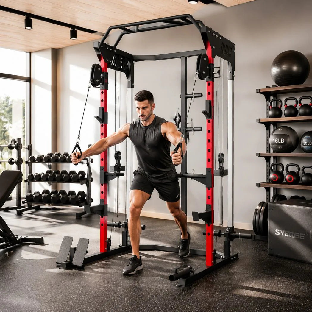 SPORTNOW Power Cage with Dual Cable Pulley System, Pull-Up Bar, Dip Station & Landmine – Home Gym Power Rack