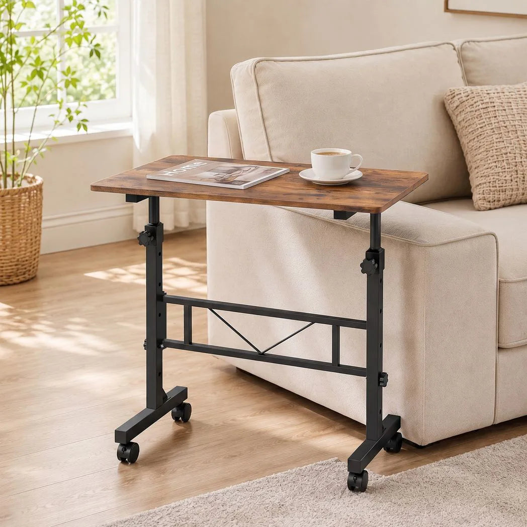 HOMCOM Overbed Table with 6 Adjustable Heights & Lockable Wheels – 80 x 40 cm Sofa Side Table, Rustic Brown