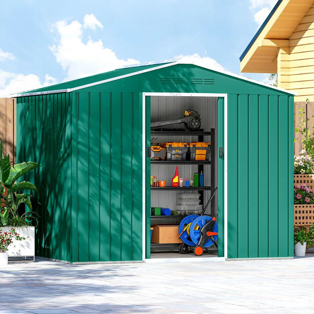 Outsunny 8 x 6ft Galvanised Steel Garden Shed with Sliding Double Doors – Green