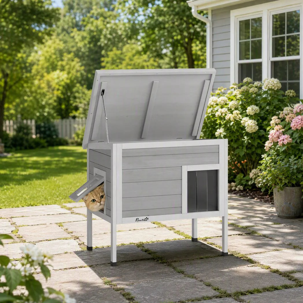 PawHut Outdoor Cat House with Removable Insulated Liner, Asphalt Roof and Escape Door – Wooden Cat Shelter