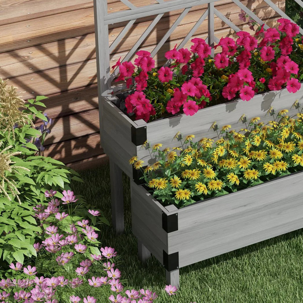 Outsunny 2-Tier Wooden Raised Garden Bed with Trellis – Elevated Planter for Vegetables and Herbs, Grey