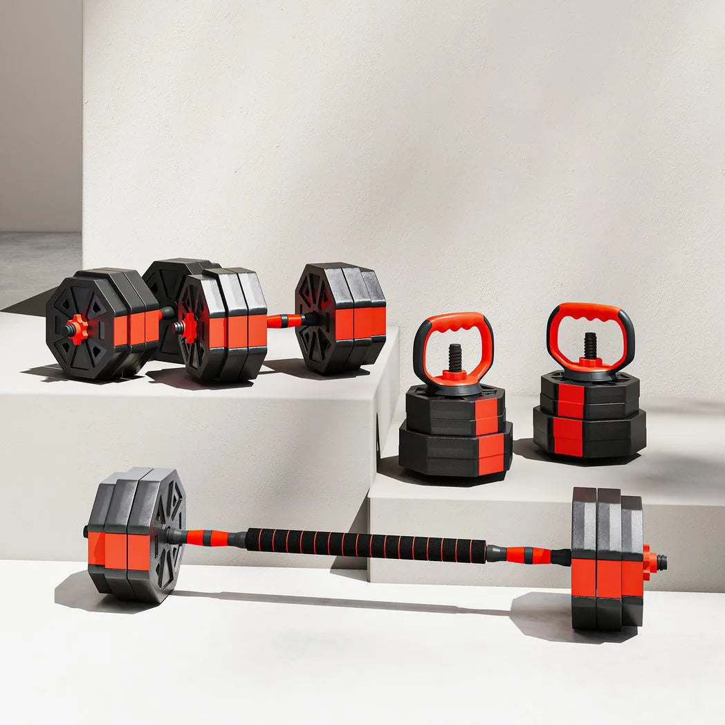 SPORTNOW 6-in-1 Adjustable Dumbbell Set, 30kg – Converts to Kettlebell, Barbell & Push-Up Stand for Home Gym, Red