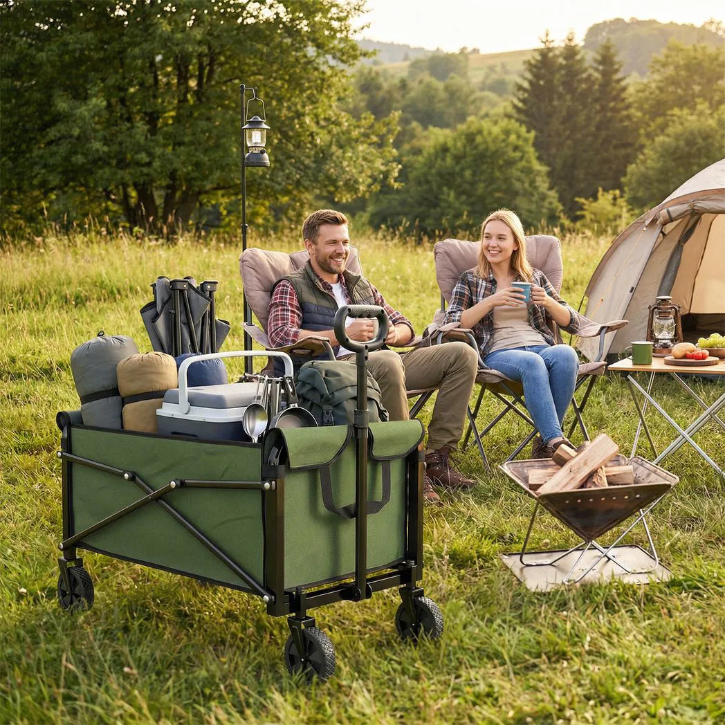 Outsunny Folding Festival Trolley on Wheels, 80L Compact Camping Cart with Adjustable Handle, Green