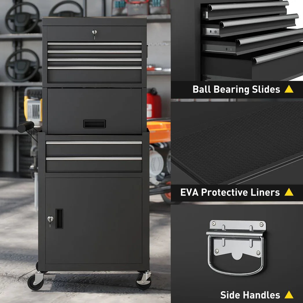 HOMCOM Three-Part Steel Locking Tool Chest with Wheels, 6 Drawers and Side Pegboard – Garage Storage, Black