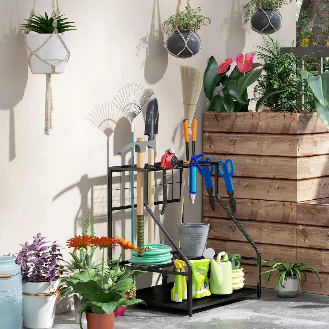 Outsunny 3-Tier Garden Tool Storage Rack with 11 Hooks – Holds 20 Long-Handled Tools, Brooms, Shovels & Rakes