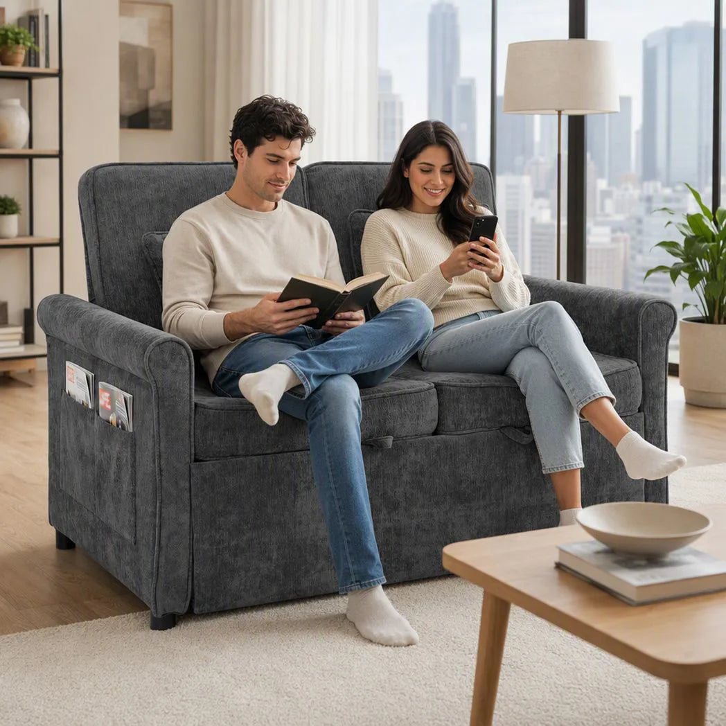 HOMCOM 2 Seater Sofa Bed, 3-in-1 Convertible Chenille Sleeper Sofa with 5-Position Backrest – Grey