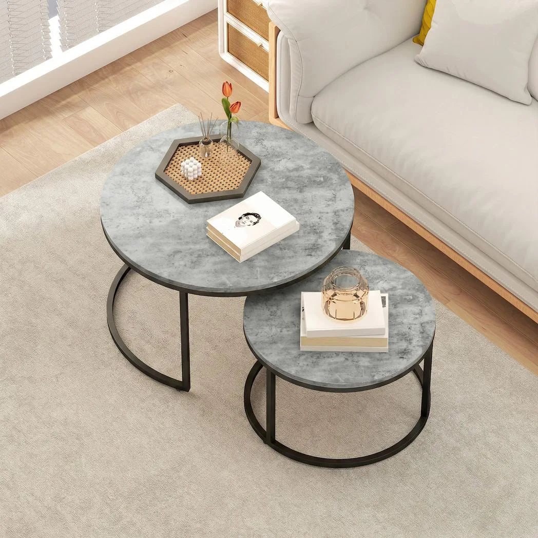 HOMCOM Set of Two Cement-Effect Nesting Coffee Tables with Steel Frame – Round Stacking Tables, Grey