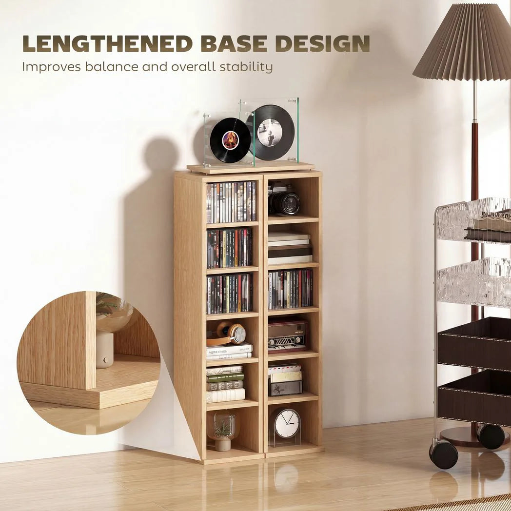 HOMCOM Set of 2 CD Storage Towers with Adjustable Shelves – Slim Media Display Rack for 204 CDs, Natural