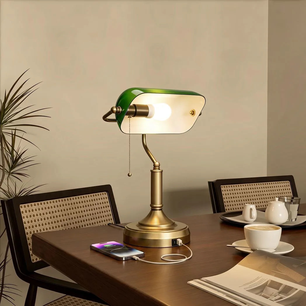 HOMCOM Banker's Desk Lamp with USB-A and Type-C Ports, Pull Rope Switch – Bronze-Tone Base, Green Shade