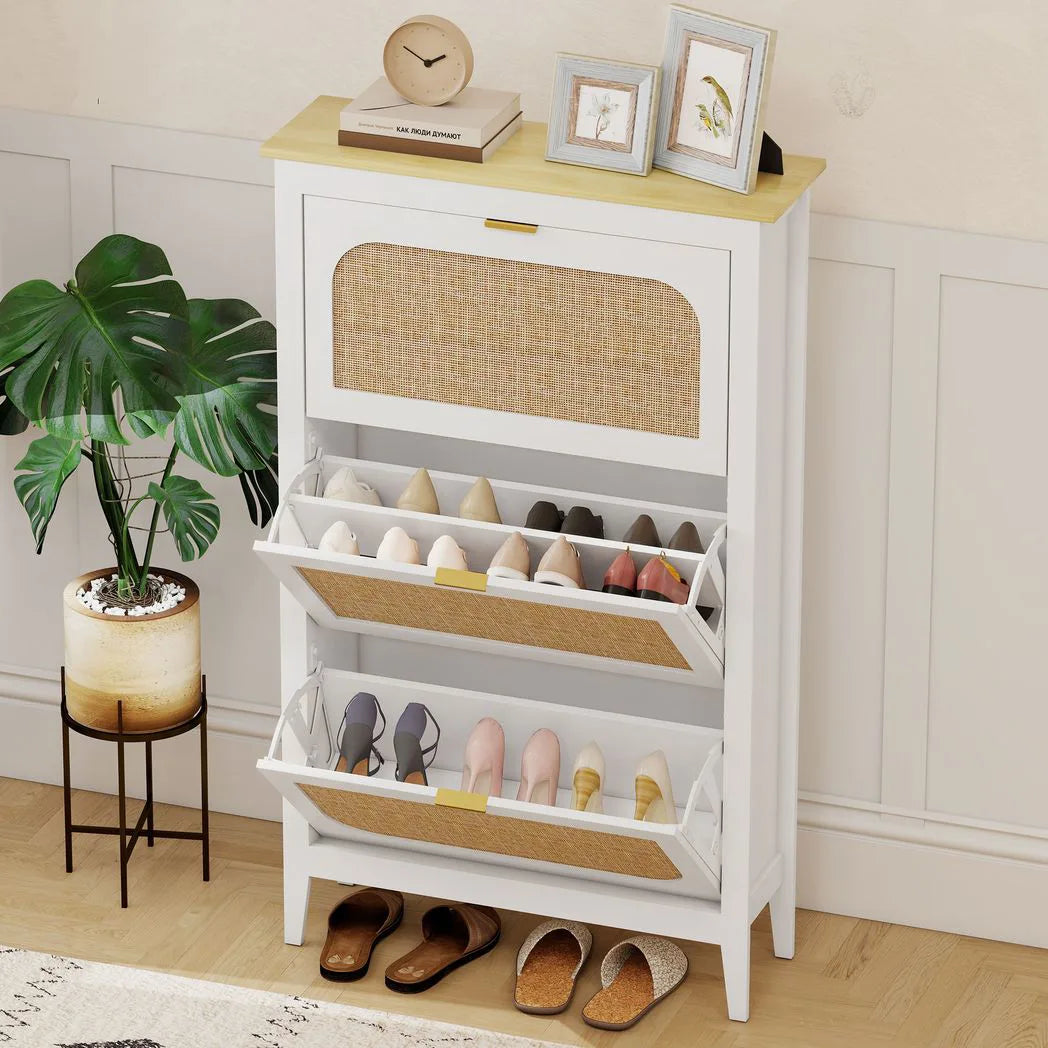HOMCOM Boho Slim Shoe Cabinet with 3 Flip Drawers and Rattan Doors – Holds 21 Pairs, White