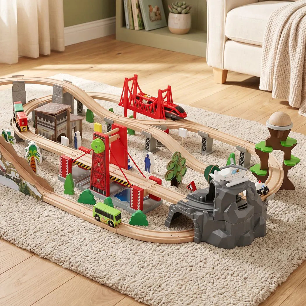 AIYAPLAY 100 Piece Wooden Train Set with Track, Crane & Battery Operated Train – Beechwood Toy, Ages 3+