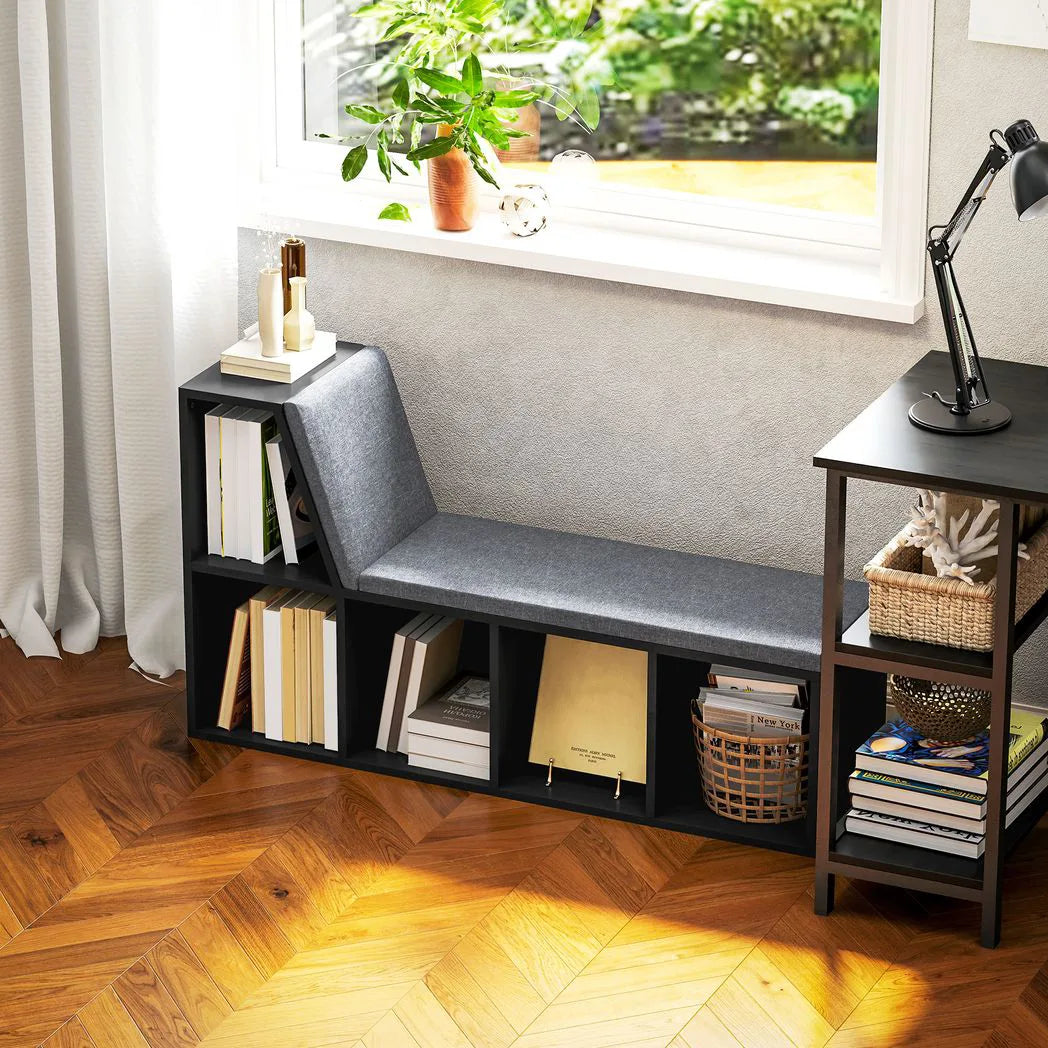 HOMCOM 2 Tier Modern Bookcase with Removable Cushions and 5 Compartments – Living Room Storage Shelf, Black
