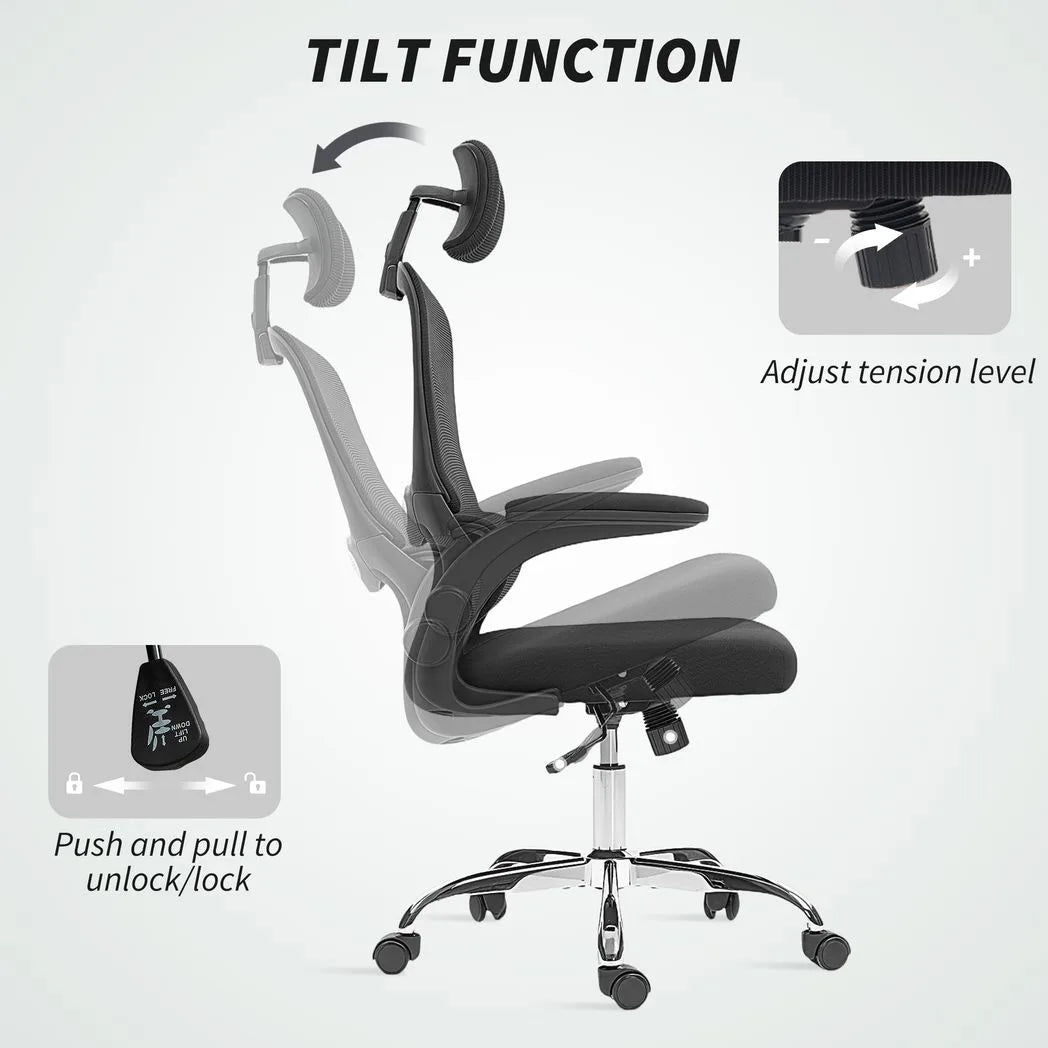 HOMCOM Mesh Back Office Chair with Lumbar Support, Flip-Up Armrests & Rocking – Desk Chair, Black