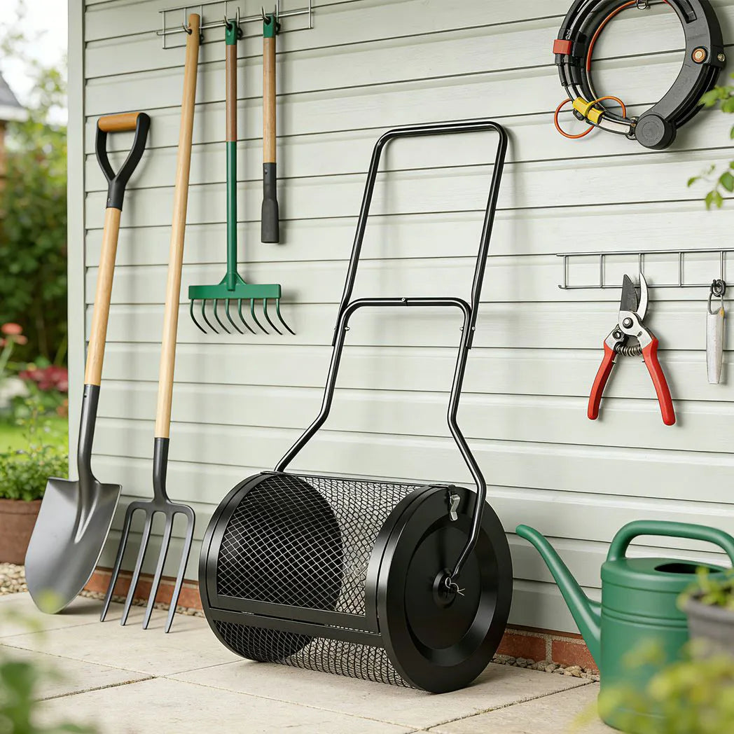 Outsunny 20" Compost and Peat Moss Spreader – 75L Metal Mesh Roller with Detachable U-Shaped Handle