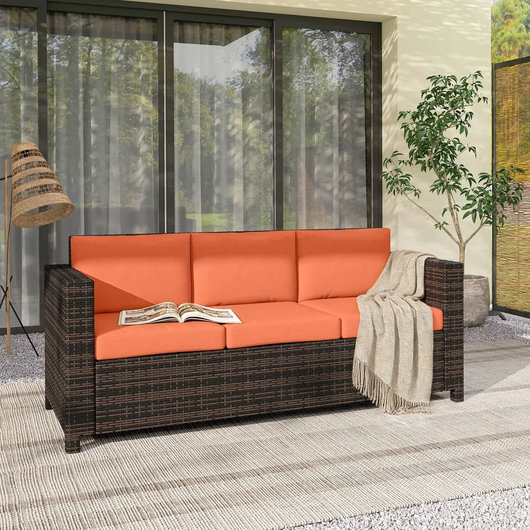 Outsunny 3-Seater Rattan Garden Sofa – Weather-Resistant Outdoor Sofa with Cushions, Orange