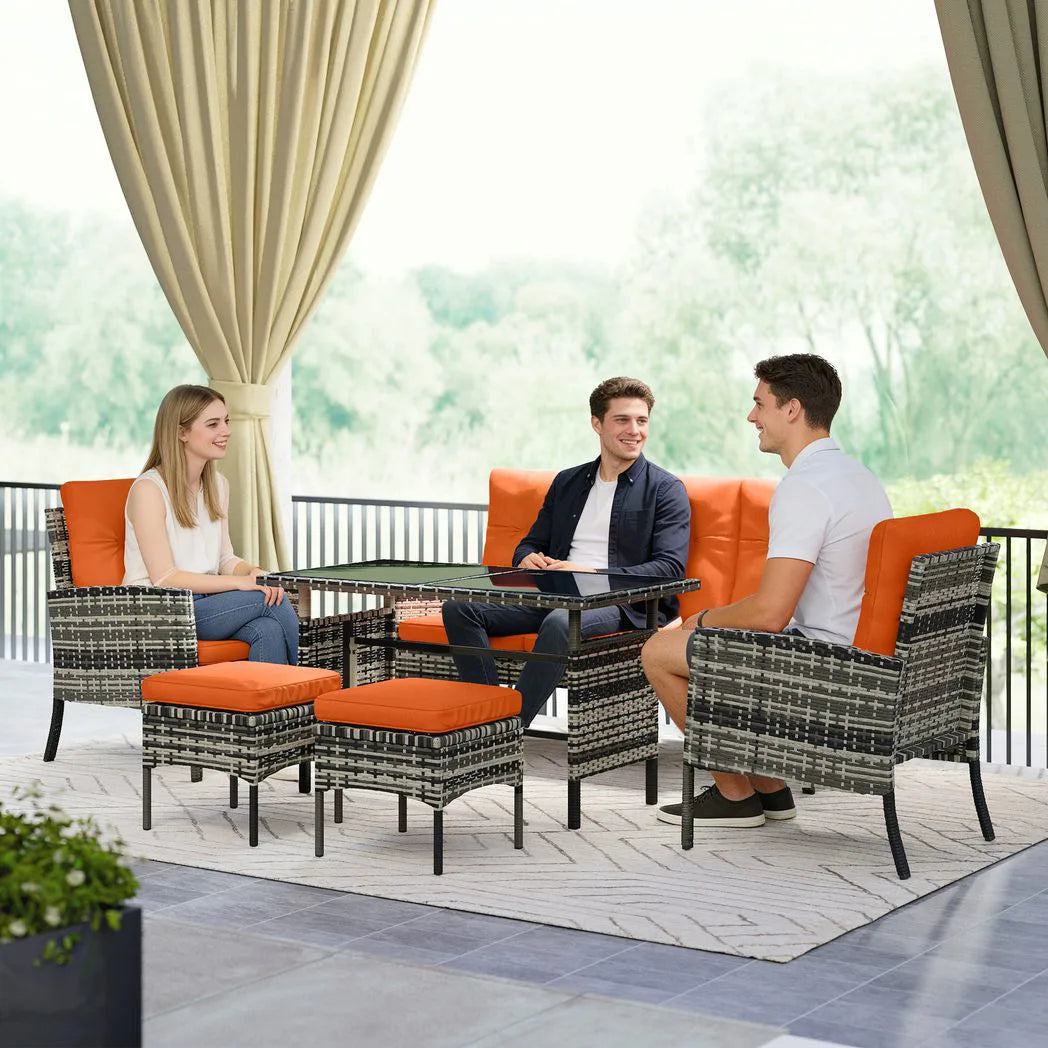 Outsunny 6 Piece Rattan Garden Sofa and Dining Set with Glass Table and Cushions, Orange