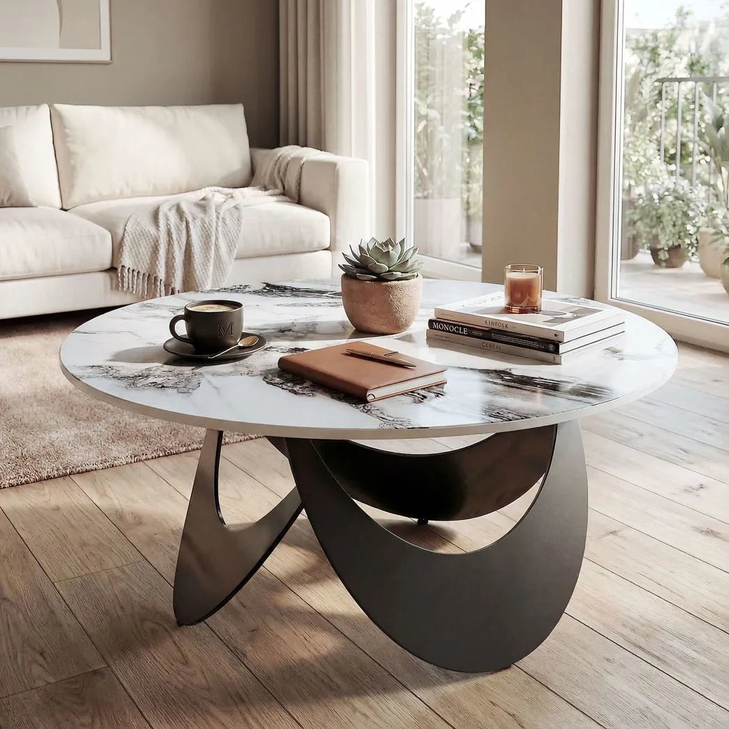 HOMCOM Round Coffee Table with Sintered Stone Top and Adjustable Foot Pads – Living Room, White and Black