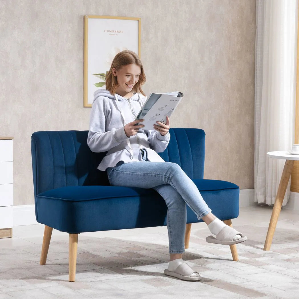 HOMCOM Modern Two-Seater Sofa with Foam Padding & High Back – Compact Velvet-Feel Loveseat for Home Office, Dark Blue