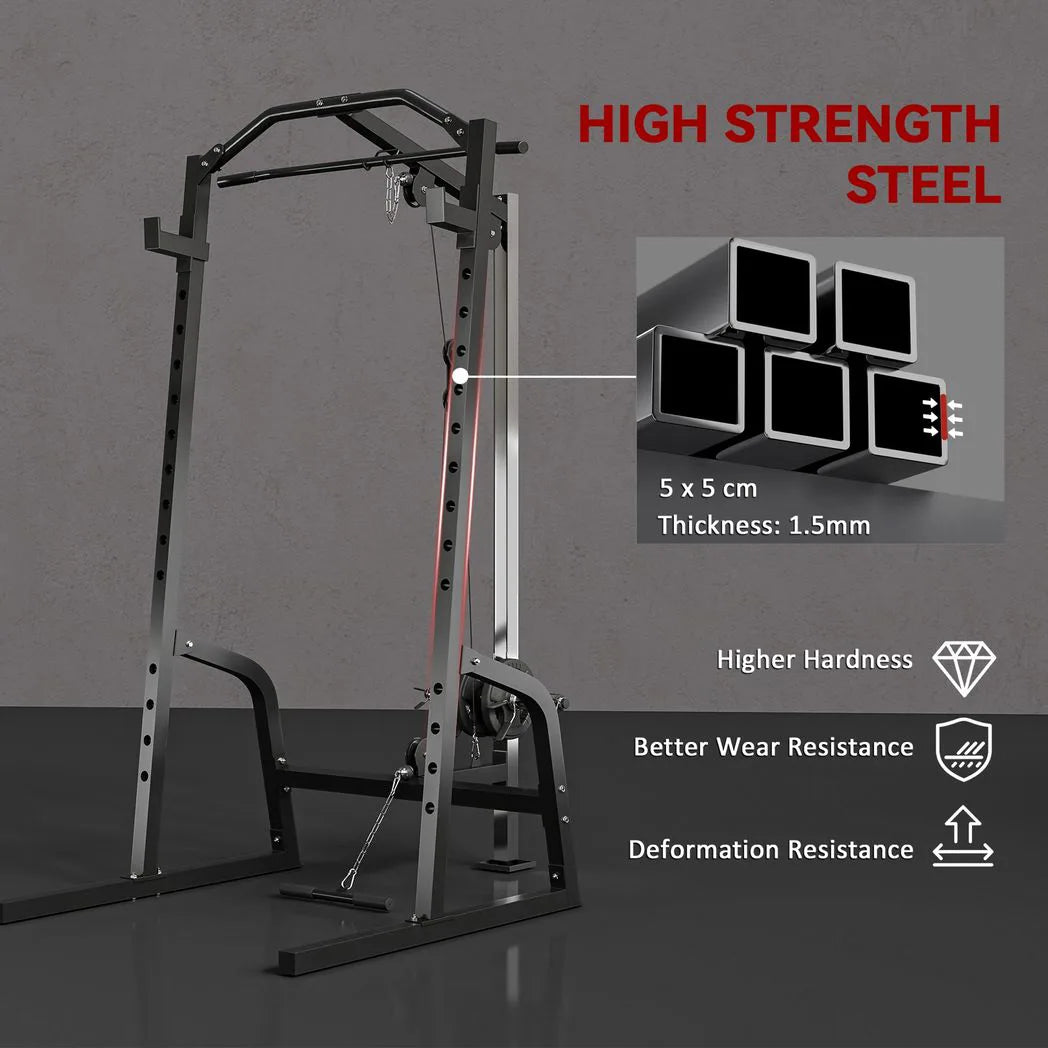SPORTNOW Power Cage with 15-Level Squat Rack, Cable Pulley System, Lat Pulldown & Pull Up Bar – Home Gym Power Rack