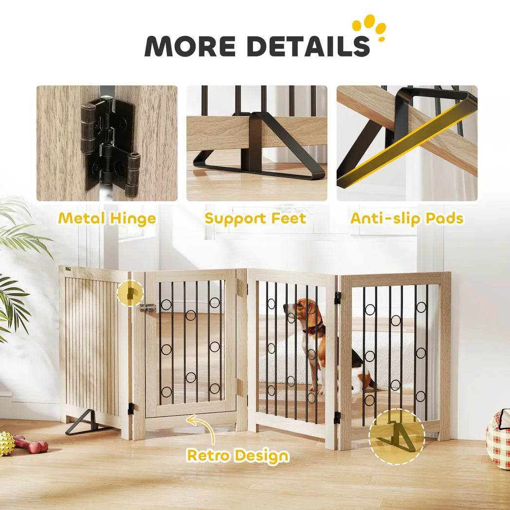 PawHut 4 Panel Freestanding Dog Gate with Lockable Door and Support Feet – Foldable Indoor Barrier, Oak