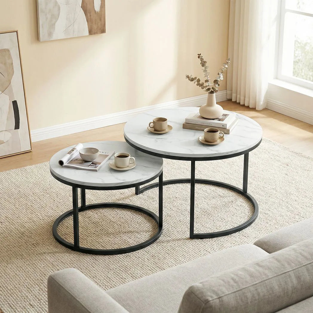 HOMCOM Set of 2 Round Nesting Coffee Tables with Marble-Effect Top – Space-Saving Stacking Tables, White