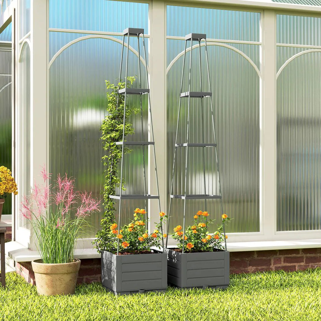 Outsunny Set of 2 Raised Garden Planters with Trellis – 12L Plastic Planter Boxes with Removable Drainage Trays