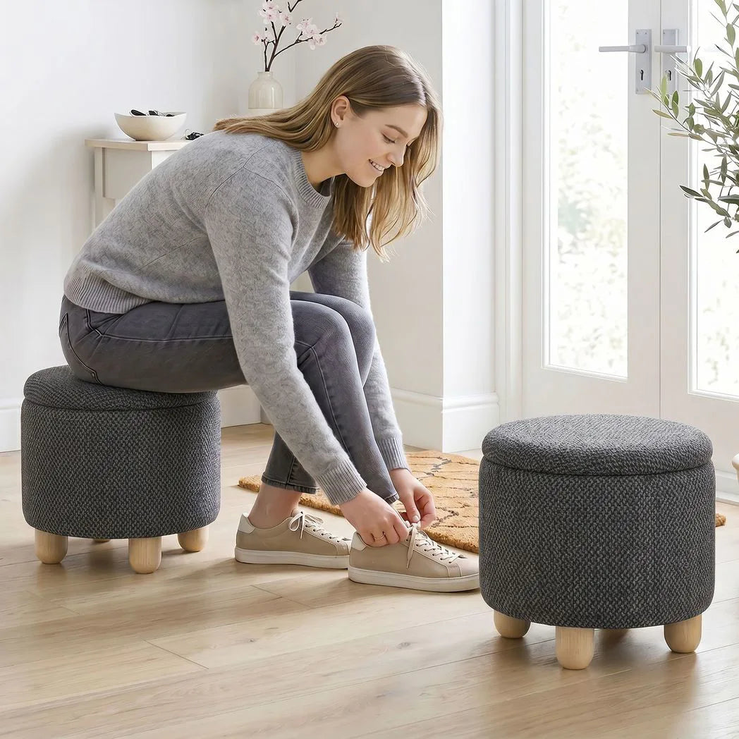 HOMCOM Round Storage Ottoman with Reversible Lid and Rubberwood Legs – 19L Footstool Bench, Dark Grey