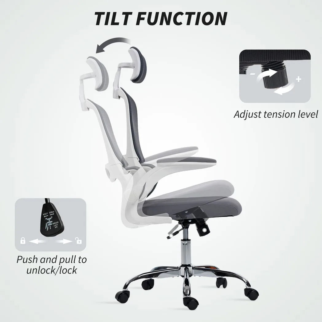 HOMCOM Mesh Back Office Chair with Lumbar Support, Removable Headrest and Flip-Up Armrests – Charcoal Grey