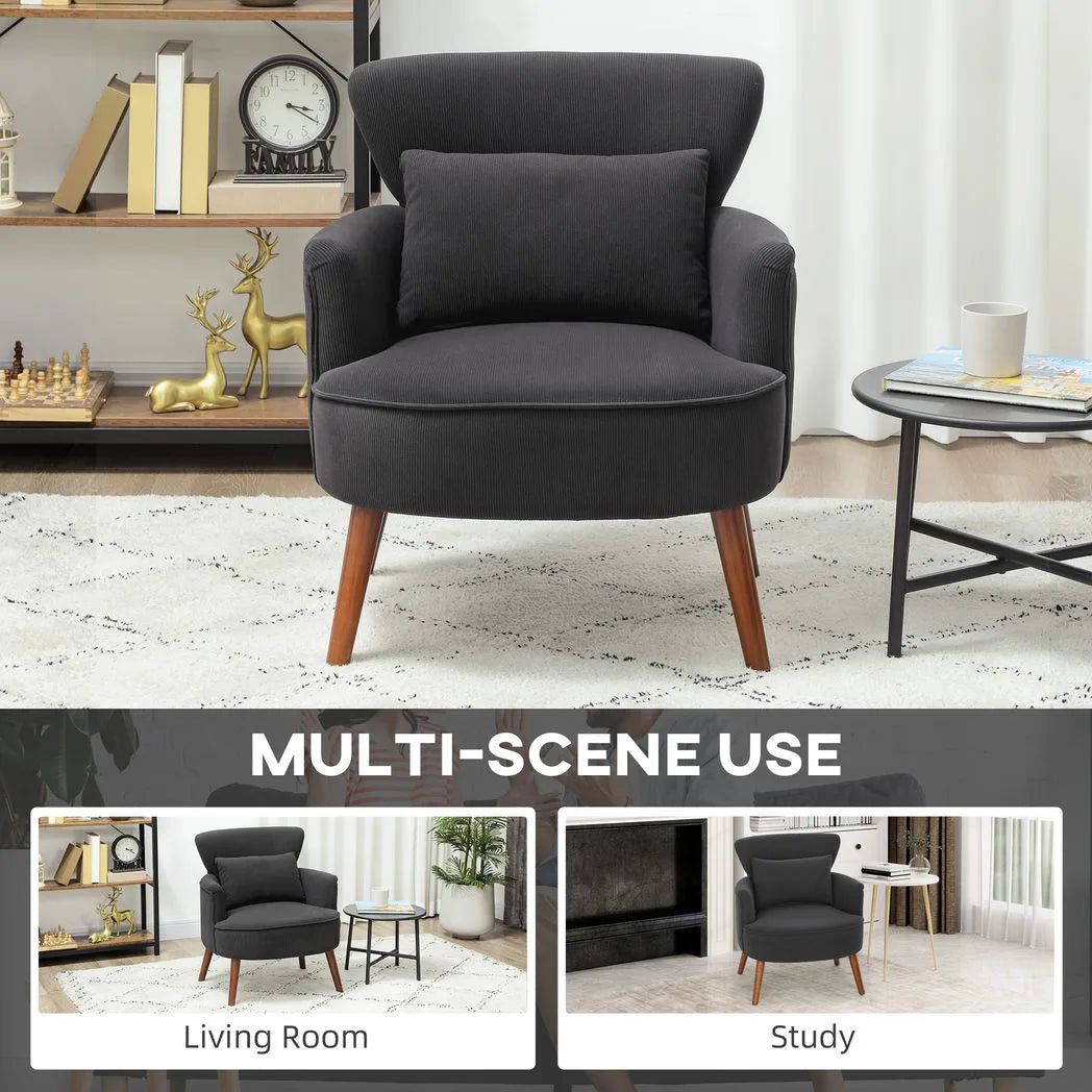 HOMCOM Corduroy Retro Accent Chair with Wing Back, Wood Frame and Cushion – Curved Armchair for Living Room, Black