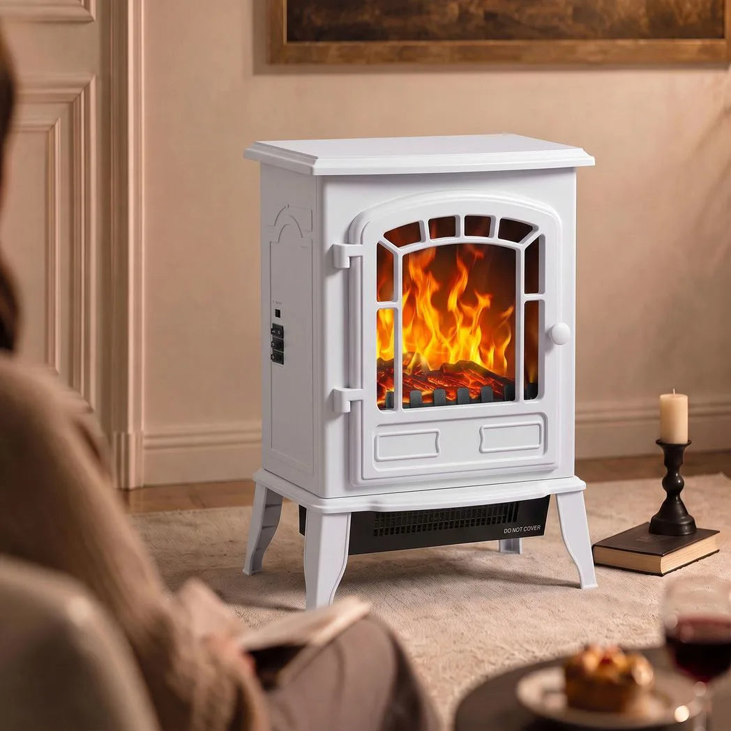 HOMCOM Electric Fireplace Stove, 1000W/2000W Freestanding Fire with LED Flame Effect & Thermostat – White