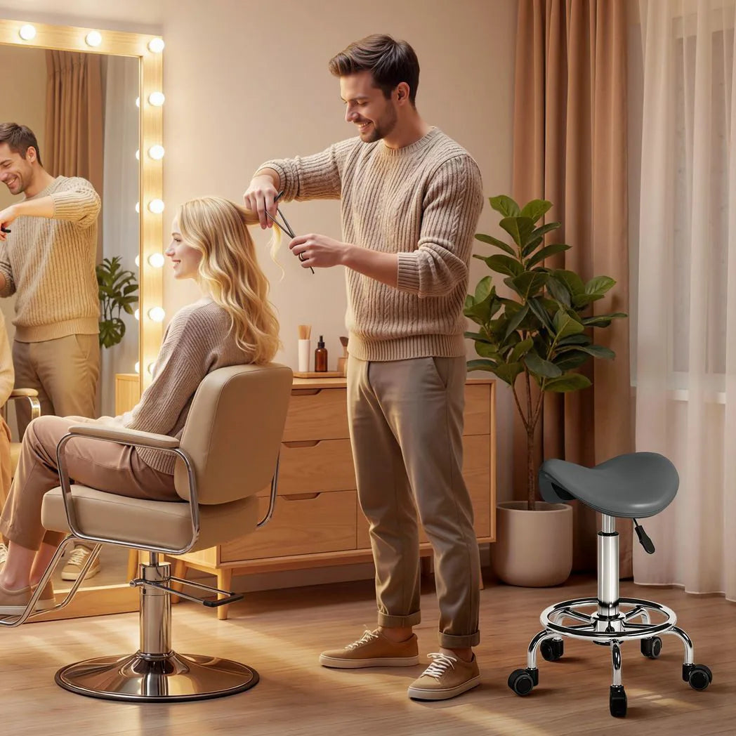 HOMCOM Salon Saddle Stool with Adjustable Height & Swivel Wheels – Massage, Spa & Beauty Chair, Grey