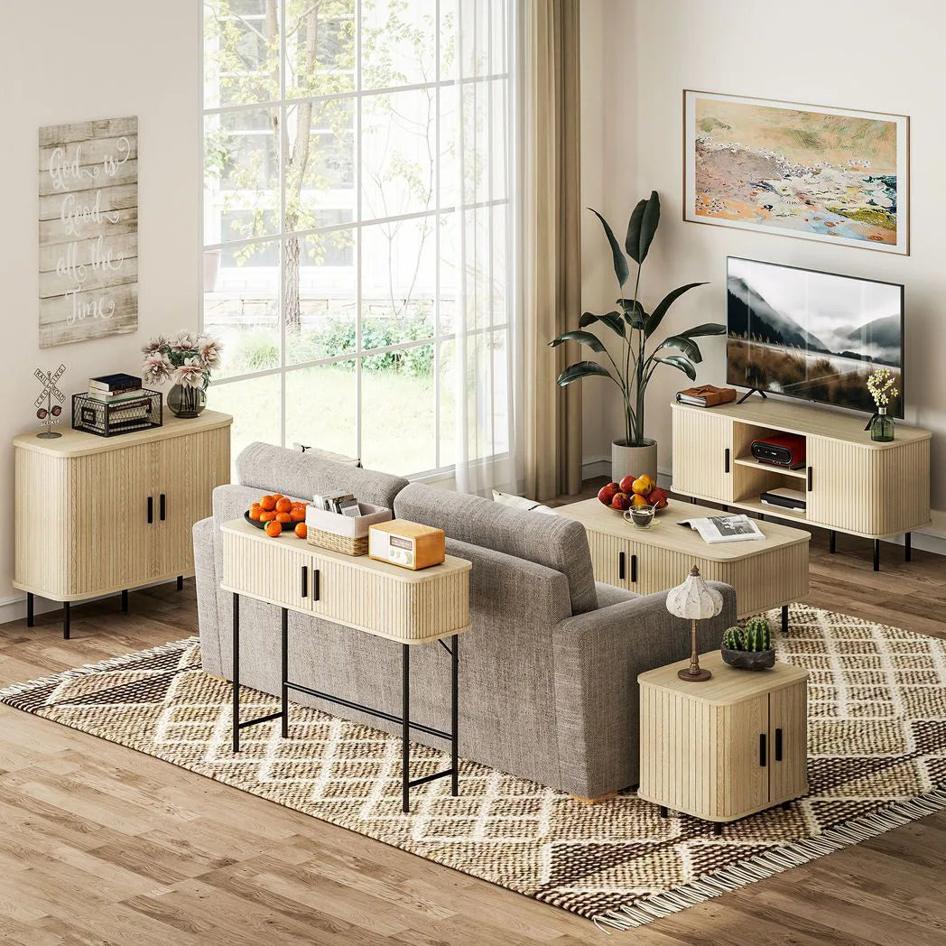 HOMCOM Mid-Century Sideboard with Slatted Tambour Sliding Doors & Steel Legs – Oak Tone