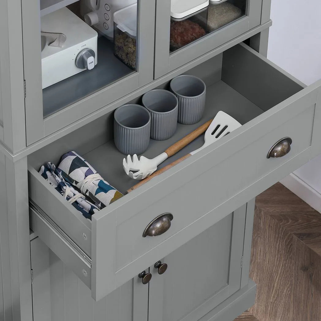 HOMCOM 180cm Tall Kitchen Pantry Cupboard with Glass Doors, 5 Tiers, Adjustable Shelves & Drawer – Freestanding Storage Cabinet, Grey