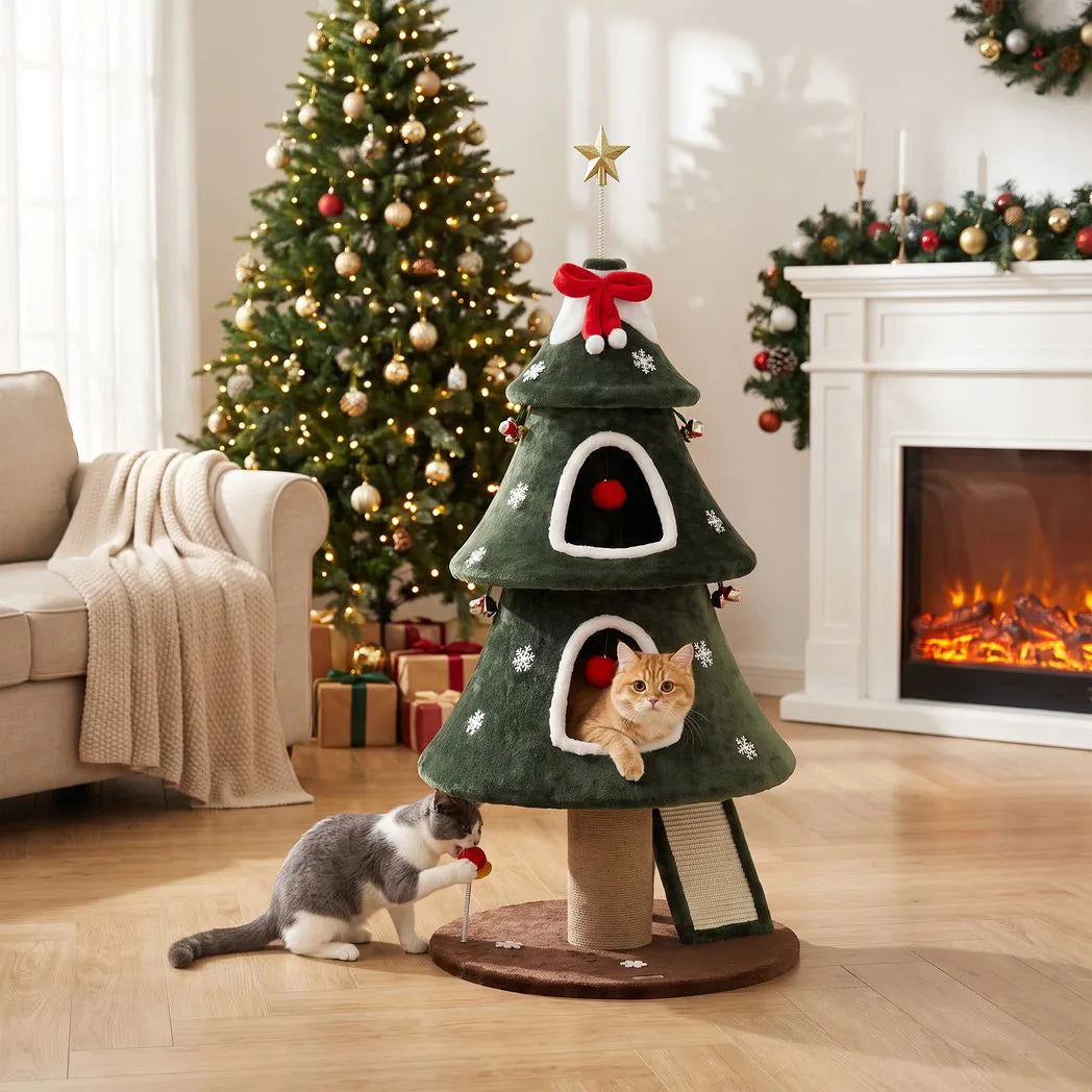 PawHut Christmas Cat Tree with Dual Condos, Sisal Ladder & Anti-Tip Rope – 132 cm Festive Cat Tower