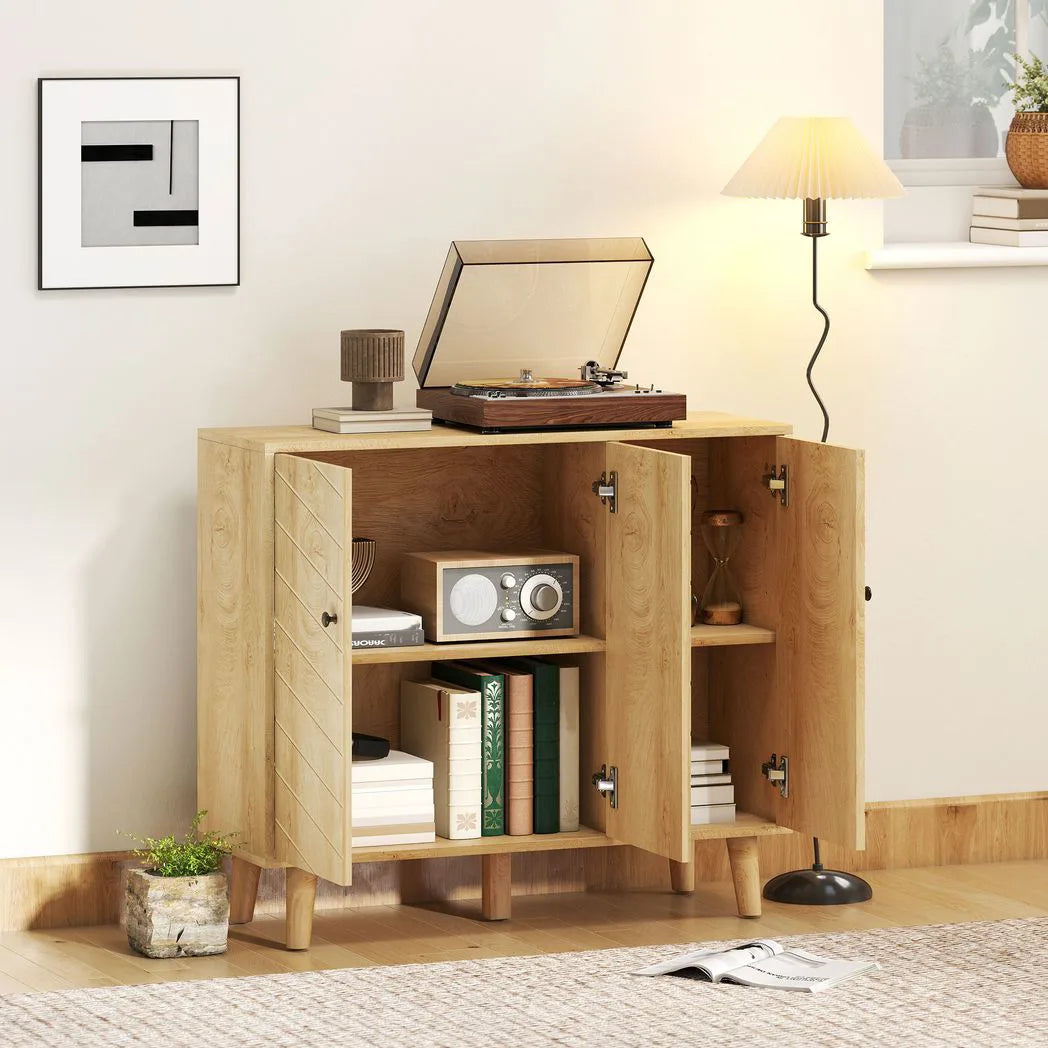 HOMCOM Vintage Sideboard with Chevron Doors and Pine Wood Legs – Soft-Close Kitchen and Living Room Storage