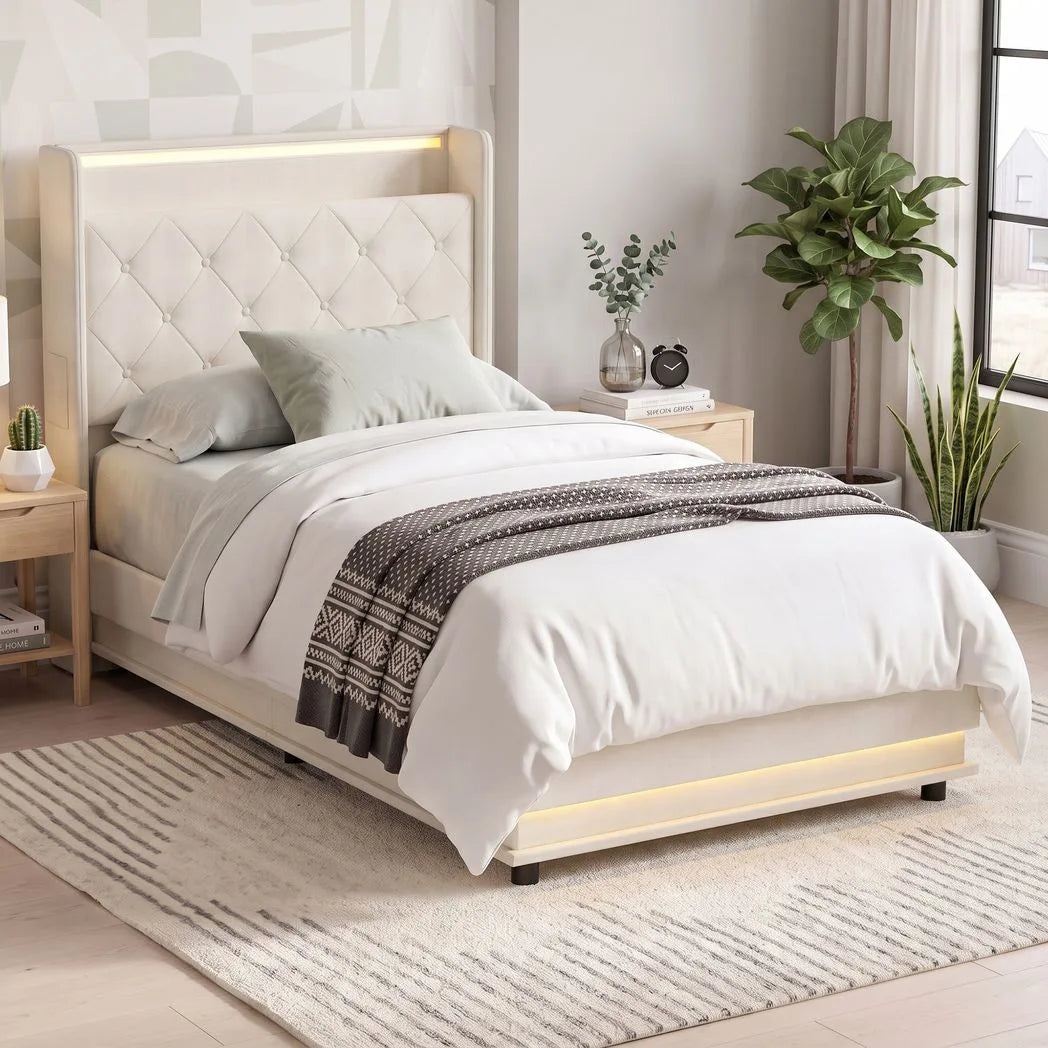 HOMCOM 3ft Single Ottoman Bed Frame with Hydraulic Storage, LED Lights, Charging Station and Headboard – White